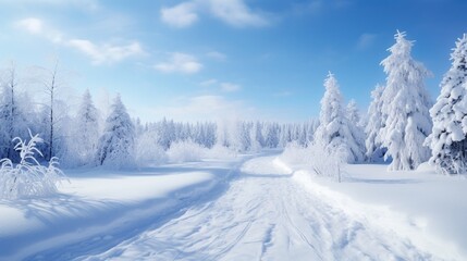Obraz premium A road in the landscape is covered in a pristine layer of snow, creating a tranquil path. 