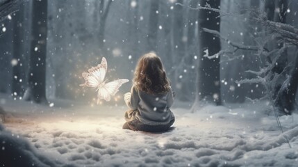 a serene winter scene with a child making a snow angel next to another child forming a snow butterfly in a snowy forest. 