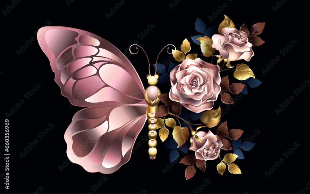 Canvas Prints flower butterfly with pink gold roses