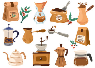 Coffee elements collection. Coffee supplies icons. Maker, French press, pot, coffee machine, grinder, grains. Flat graphic vector illustration isolated on white background