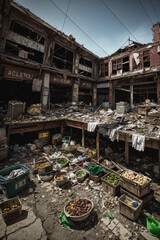 Obraz na płótnie Canvas Abandoned Market View with Messy Stuff