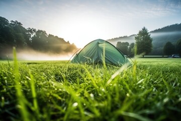 morning dew on a green meadow with a tent