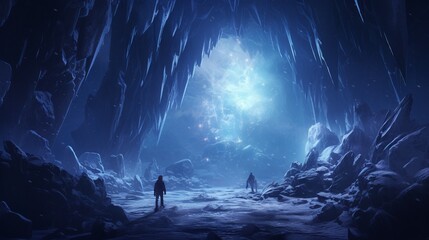a snowman explorer discovering a hidden cavern deep within an icy mountain.  - obrazy, fototapety, plakaty