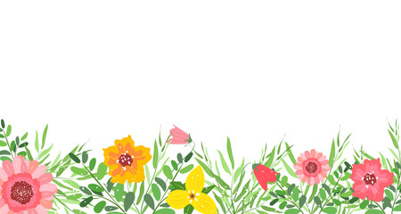 Horizontal banner with spring flowers and leaves.