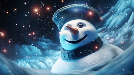 a snowman in outer space, floating among planets and stars. 