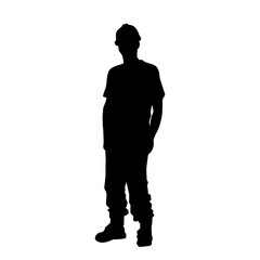 Silhouette of man in construction worker costume. Silhouette of construction worker male in pose. 