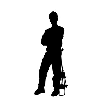 recommend clip art: Silhouette of man in construction worker costume. Silhouette of construction worker male in pose. 