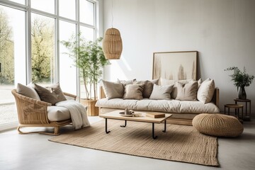 Interior with rattan couches, modern carpet, chic decor on beige walls. Scandinavian style. Generative AI