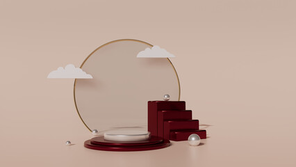 luxury red podium with clouds for product display empty stage display stand studio background 3d render