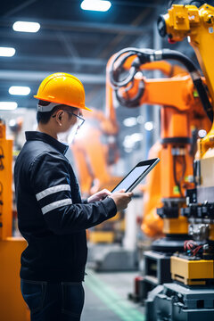 Manager engineer check and control automation robot arms machine in intelligent factory industrial on real time monitoring system software. Welding robotics and digital manufacturing operation