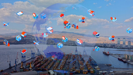 Logistic business or transport concept Aerial view over import export port with many stacks of cargo container rows. High quality photo - 660357985