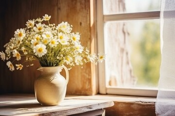 Chamomile wildflowers in vase by window. Still life of flowers in vintage vase on wooden table in rustic interior. Illustration of yellow and white field flowers. Generative AI