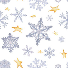 Hand drawn watercolor snowflakes and gold stars, water ice crystals frozen in winter. Illustration isolated seamless pattern, white background. Design holiday poster, print, website, card, invitation