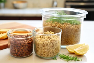 brown rice and lentils in clear storage containers