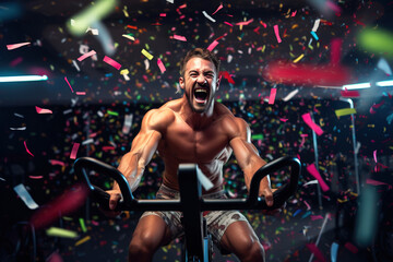 Muscular shrirtless man having fun on cycling class and celebrating with confetti.
