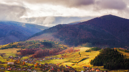 carpathian mountain landscape in autumn. beautiful countryside scenery - obrazy, fototapety, plakaty