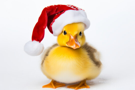 Cute little festive duck wearing a Father Christmas santa hat