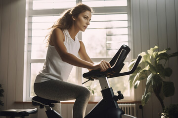 Attractive female athlete crushing cardio workout with home exercise equipment, using her drive and determination to achieve fitness goals. Woman using a stationary bike for indoor cycling. - obrazy, fototapety, plakaty