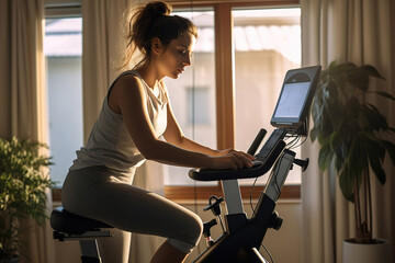 Young woman cycling on stationary bike and watching online class for biking on screen at home.