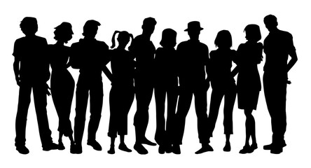 Silhouette of group of people holding hands or close to each other. Silhouette of group of friends or family
