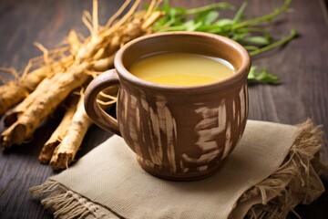 dandelion root tea in a rustic mug on stoneware