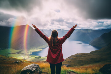 Fototapeta na wymiar Woman with outstreched arms standing in front of lake, mountains and rainbow. Enjoying at the moment.