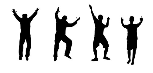 Silhouette of some people in pose rising hands. Silhouette of men rise arms.