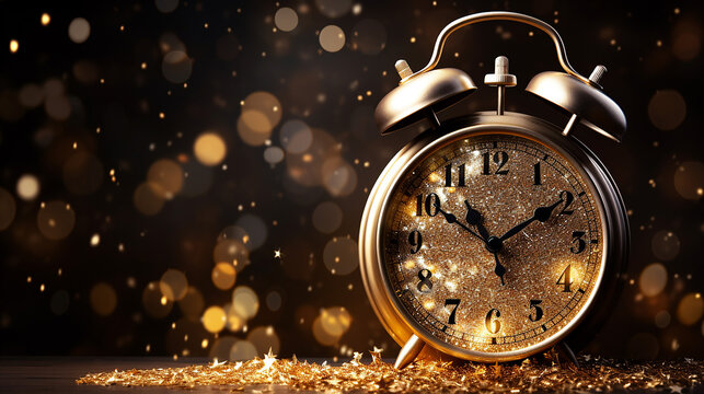 New Year's Countdown Clock on Golden Shimerring Background