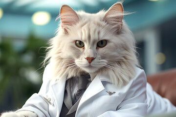 cat doctor in white suit in modern hospital