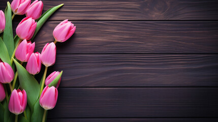 Fresh Pink Tulips on dark wooden background top down