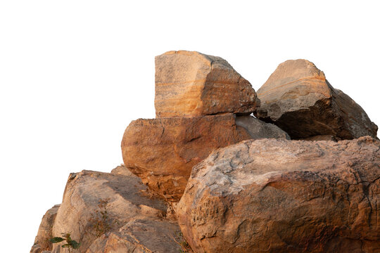 Intricately laid rocks for climbing, plastered with sunlight, natural stone details isolated on white background.