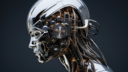 Cybernetic Robot Head Closeup: Futuristic Humanoid with Intricate Mechanical Details, Vivid Circuits, Metallic Glossy Finish