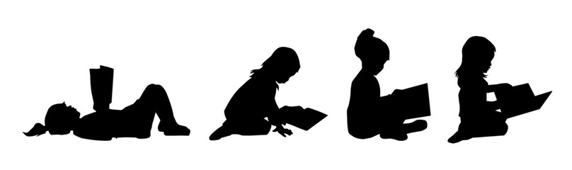 Sillhouette collection of childrens reading books. Set of sillhouette of kids reading books.