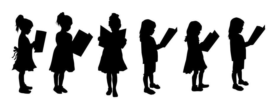 Sillhouette collection of childrens reading books. Set of sillhouette of kids reading books.