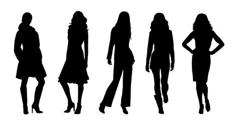 Silhouette group of fashionable female model in pose. Crowd of people in standing pose.