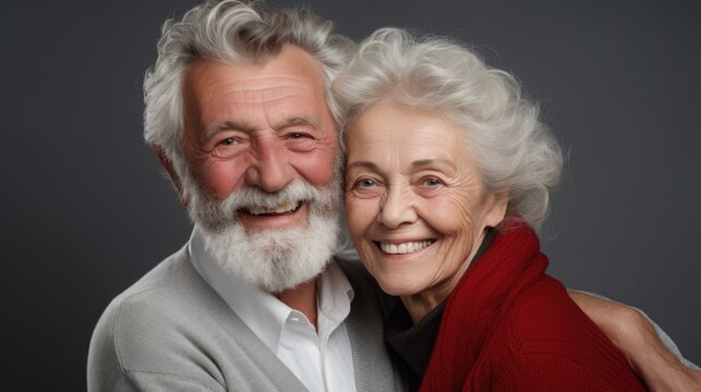 Closeup portrait photo of happy laughing senior retired couple man and woman aging together with candid and mature love between them