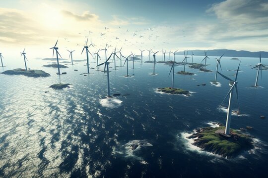 A bird's eye view of wind turbines generating eco-friendly electricity in offshore and onshore wind farms. Generative AI