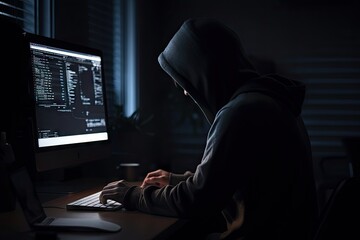 Digital shadows. Unmasking hacker in hoodie. Cyber intrusion. Face behind screen. Hooded hackers. Unveiling dark side of internet