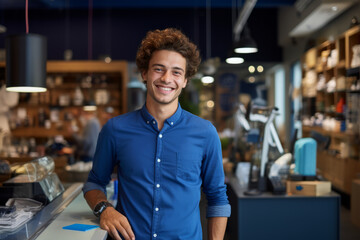 Smiling, young and attractive salesman, cashier serving customers in a consumer electrical store - obrazy, fototapety, plakaty