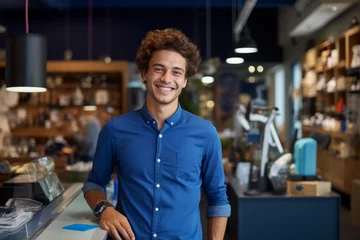Fotobehang Smiling, young and attractive salesman, cashier serving customers in a consumer electrical store © MD Media