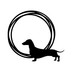 Razas de perro. Logo con marco circular con líneas con silueta de perro dachshund