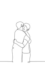 two men standing hugging - one line art vector. concept hug
