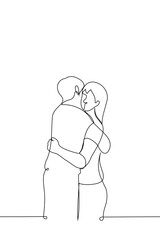 man and woman standing hugging - one line art vector. concept hug, skinship
