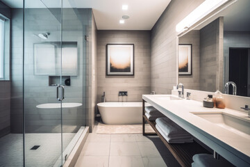 Fototapeta na wymiar Architectural Photography of a Modern Bathroom. Generated Image. A digital rendering of an architectural photograph of a modern bathroom.