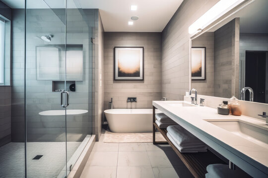 Architectural Photography of a Modern Bathroom.  Generated Image.  A digital rendering of an architectural photograph of a modern bathroom.