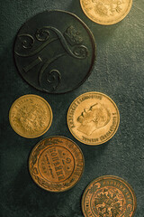 Numismatics. Old collectible coins on the table. Top view. - 660361785
