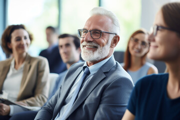 Diverse professional executive team working meeting in office. Mid to older aged business man manager leader talking to board people consulting partners.