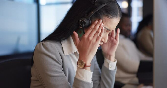 Woman, call centre or headache in office, mental health or customer support for help, CRM or stress. Consultant, working or agent for professional, exhausted or frustrated in career, job or work