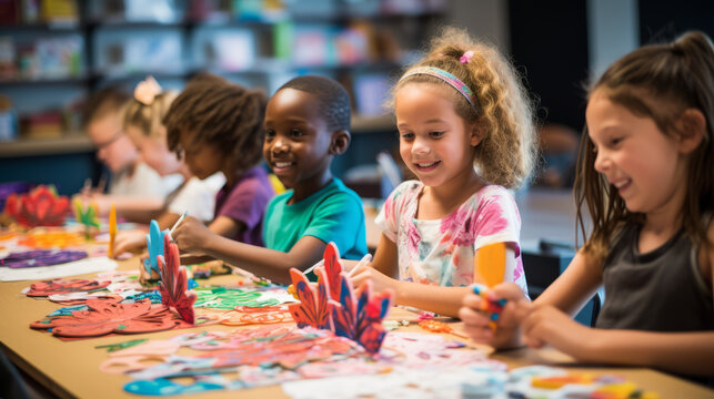 happy kids doing arts and crafts in a school day care center classroom