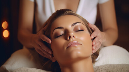 Obraz na płótnie Canvas Beautiful young woman receiving a head massage in spa salon